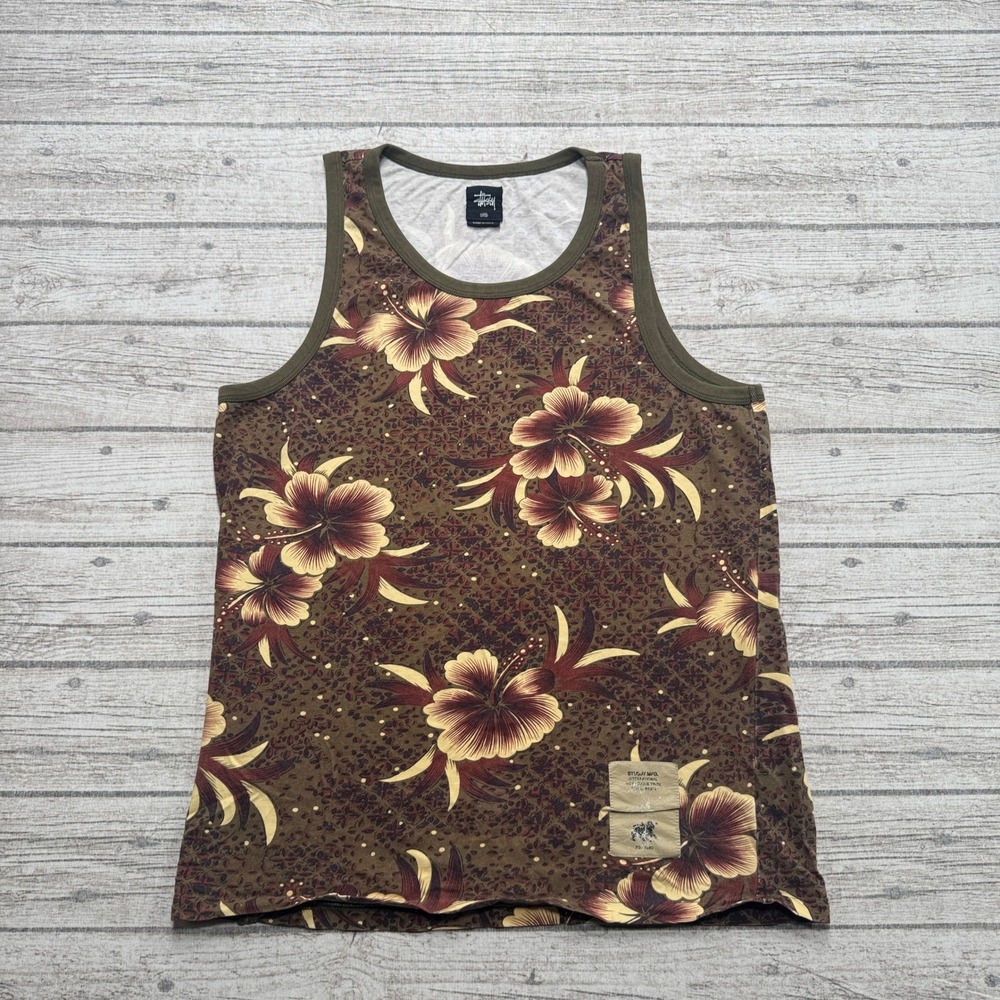 Stussy Tank Top Men's Small Brown Floral Hibiscus Tropical Sleeveless Streetwear